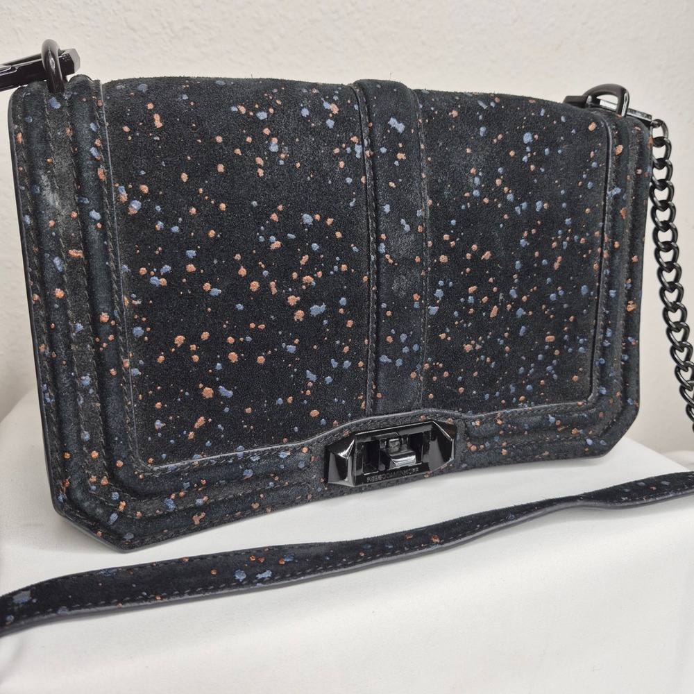 Rebecca‎ Minkoff Love Crossbody Bag Black Suede Splatter Paint Chain Strap Artsy